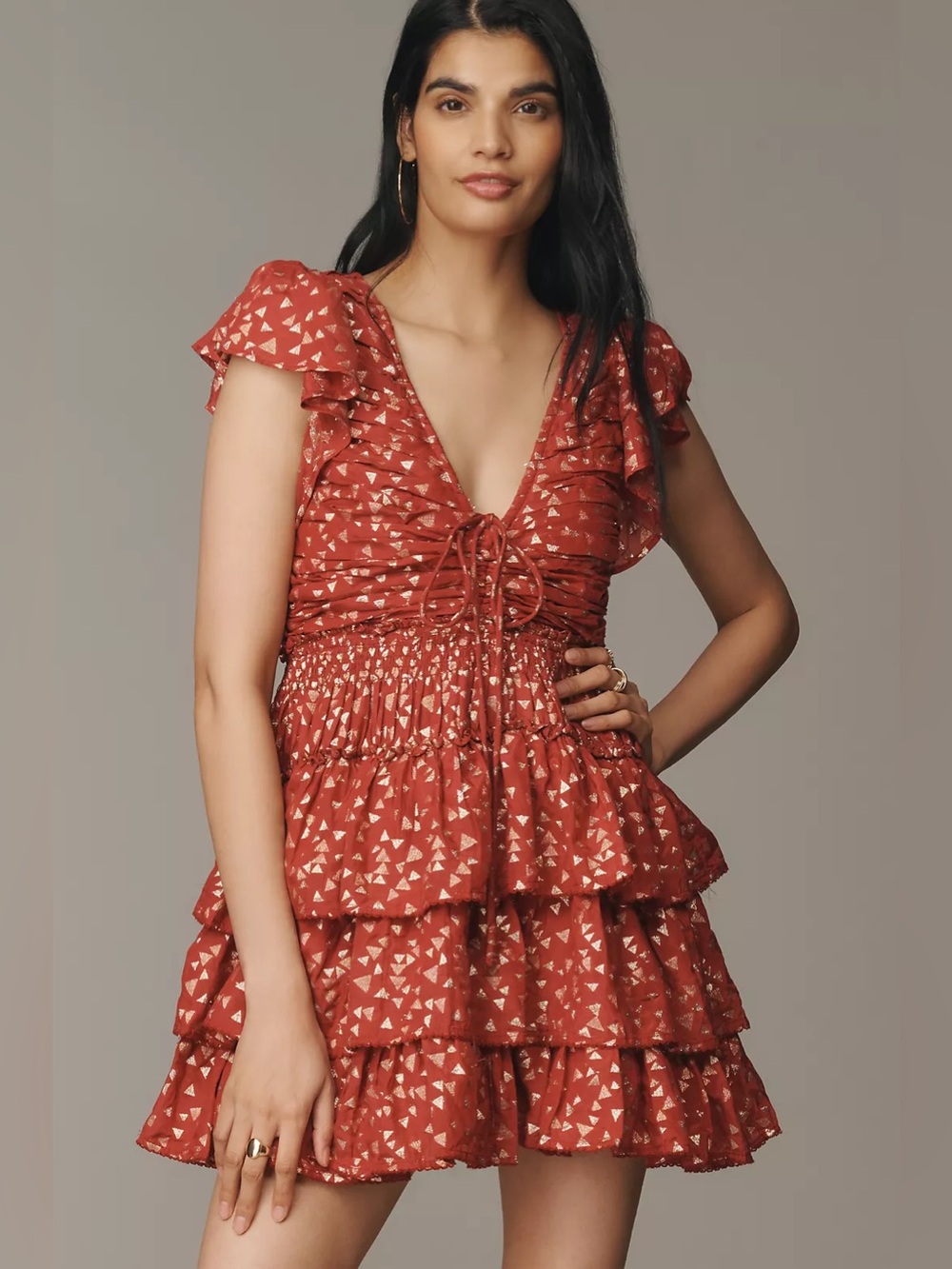 NWT By Anthropologie Short-Sleeve Ruffled Mini Dress Small Tie Front Party